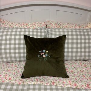 Hand Crafted Olive Green Velvet Accent Pillow with Embroidered Wildflowers